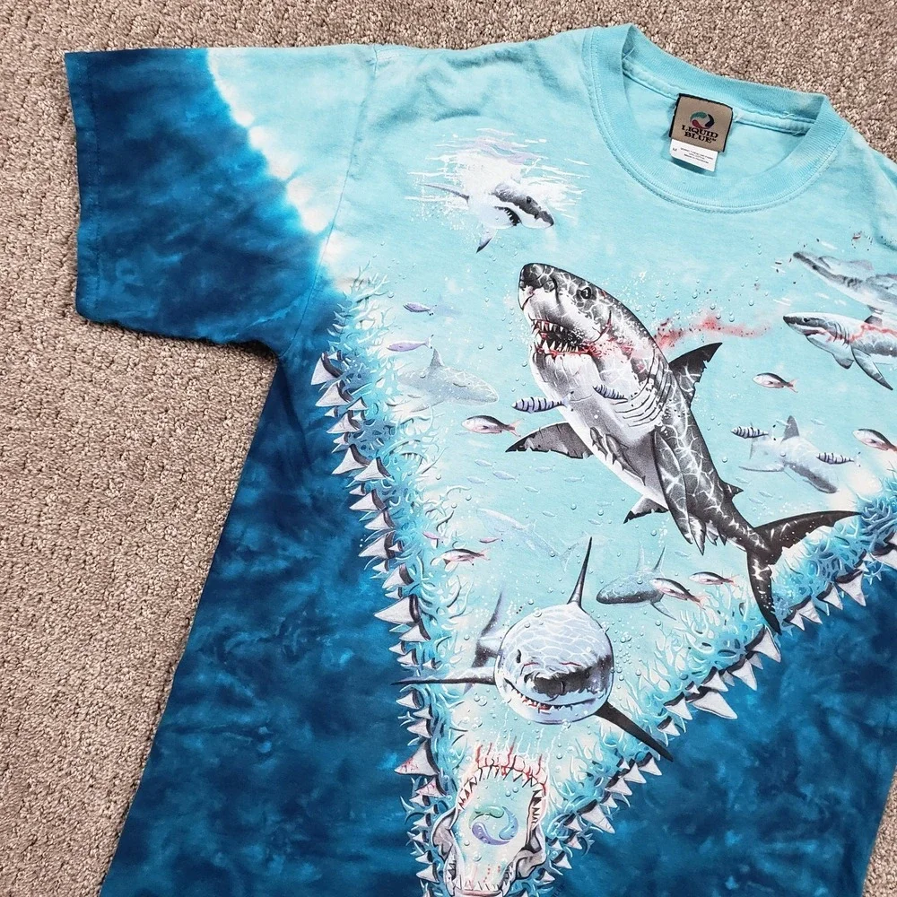 Vintage Liquid Blue T-Shirt Mens Medium Great White Sharks Tie Dye 1997 90s Y2k